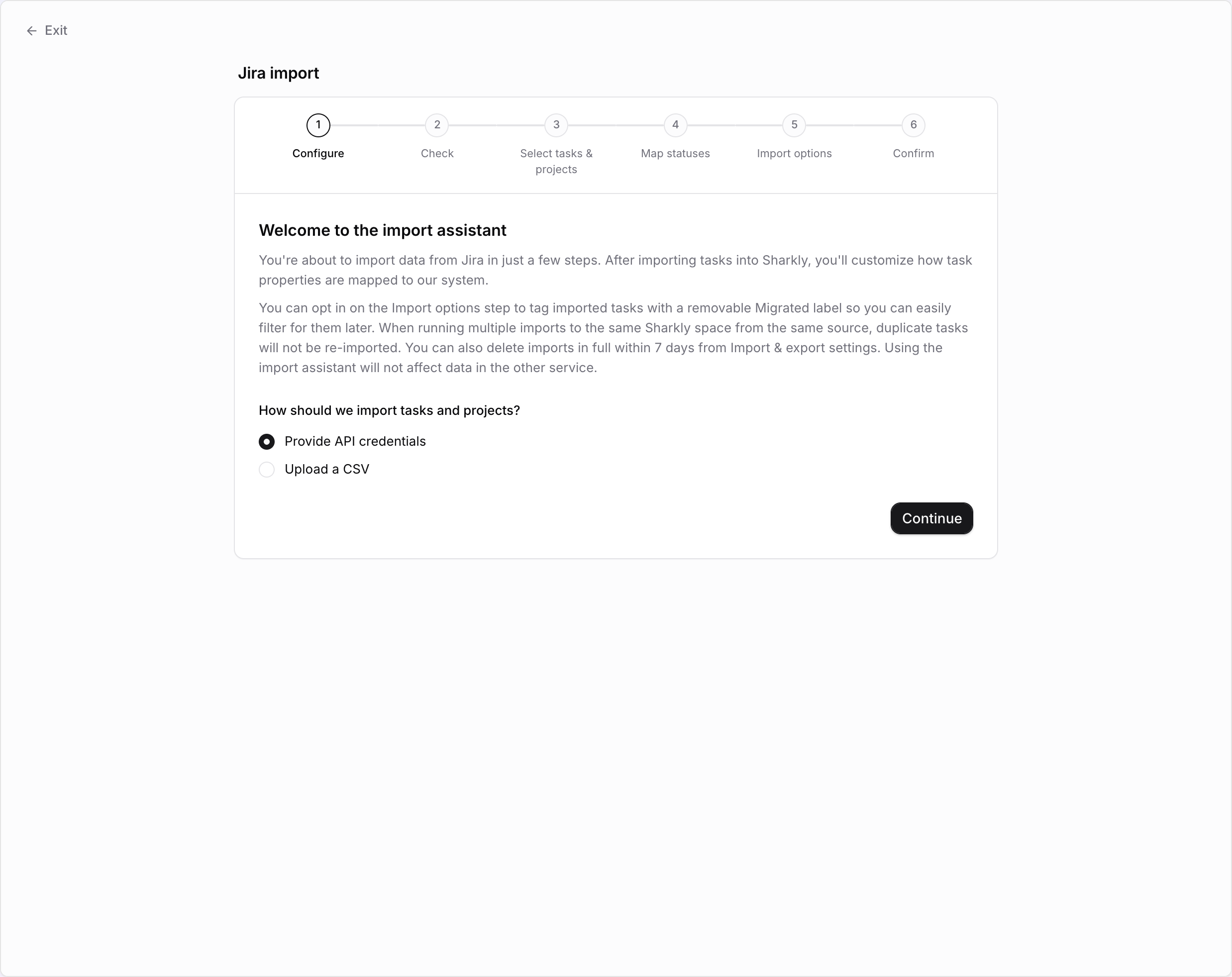 The Sharkly Jira import assistant: six steps, with API credentials or a CSV upload