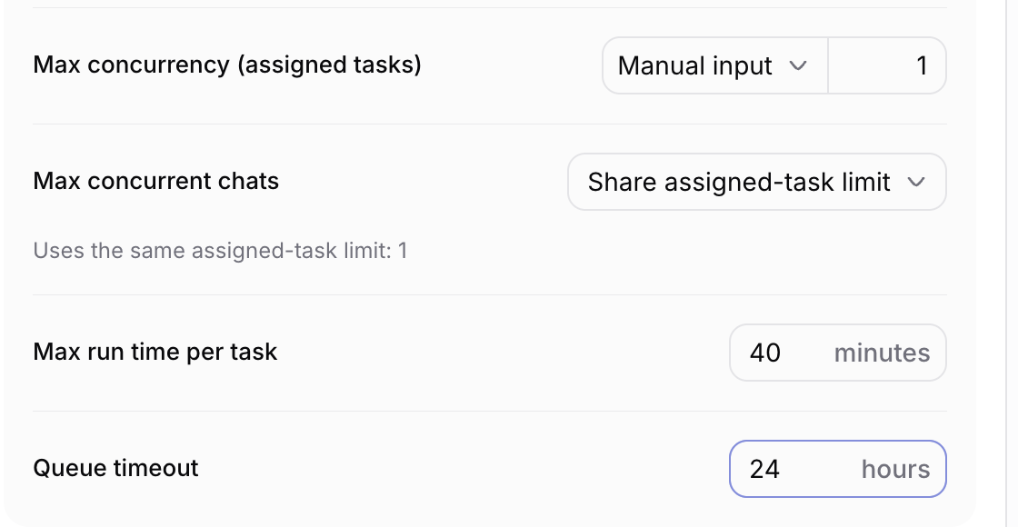 Run settings on a Sharkly Agent: max concurrency for assigned tasks, max run time per task, and queue timeout.