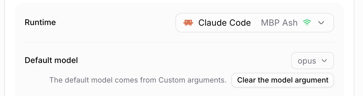 The Default model row in an Agent's Computer & Runtime settings, filled from the Agent's Custom arguments.
