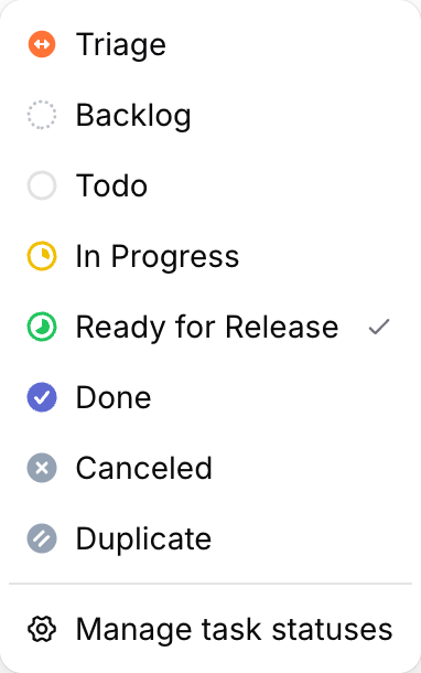 A Sharkly task status picker showing the workflow Triage, Backlog, Todo, In Progress, Ready for Release, Done, Canceled and Duplicate, with Ready for Release selected