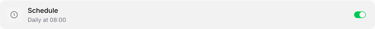A schedule trigger on a Sharkly Automation set to run daily at 08:00, with its enable switch on